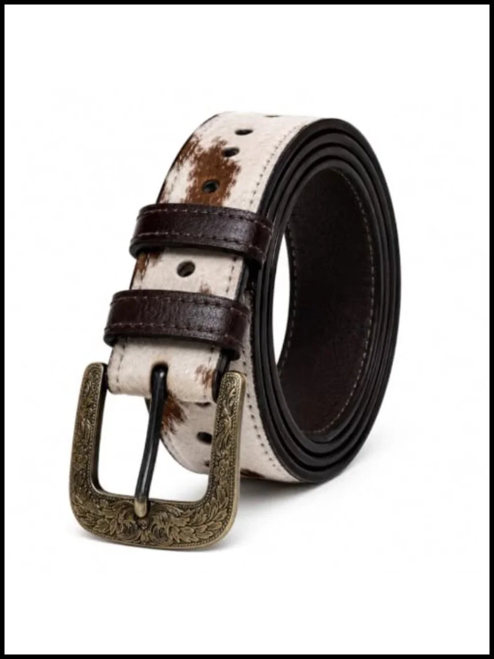 Genuine Hair On Hide Cowhide Leather Belt, Western Cowboy Belt with Antique